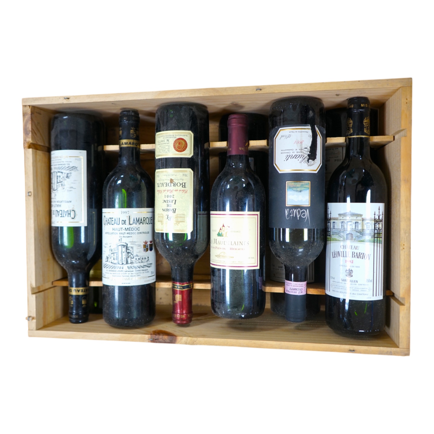 Ten bottles of mixed red wine to include three Château Leoville Barton 1992, in an open crate. Condition - fair to good, storage history unknown.